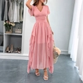 Elegant pink chiffon long dress with V-neck and ruffled layers in a casual vacation style - S / Pink