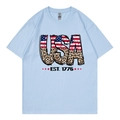 T-shirt bleu clair à col rond avec motif graphique USA Est. 1776 et imprimé léopard - Bleu Clair 318