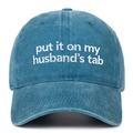 Detail of white embroidery text on vintage washed navy blue cotton baseball cap - Adjustable / Lake Blue