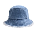 Light blue denim bucket hat with distressed frayed edges and a vintage wash finish - One Size / Solid Dark Blue