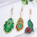 DIY diamond art keychains in green leaf, peacock and butterfly shapes with beads - QC007 Rose Leaves (3pcs) Double-sided