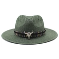 Cappello da sole in paglia verde scuro con teschio di toro e fascia etnica intrecciata - M (56-58cm) / Verde Scuro