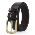 Classic black faux leather belt with a textured gold pin buckle and vintage brown stitching - Style 4 (Striped Gold Buckle) / Black