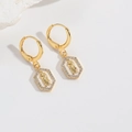 Detailed close-up of gold Virgin Mary earrings with cubic zirconia hexagon frame - Hexagon Portrait Style (ES2680六边形)