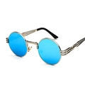 Steampunk round sunglasses with gold metal frame and vibrant blue lenses - Silver Frame Blue Mirror C5