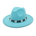 Detail of turquoise wool fedora featuring a black leather band with silver metal buckles - M (56-58cm) / Lake Blue