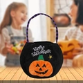 Halloween black velvet pumpkin treat bag with purple striped handle and face embroidery - Round Black Pumpkin