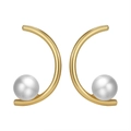 Elegant curved gold earrings with white freshwater pearls on minimalist white base - Golden Curved Pearl Stud Earrings (GPE46)