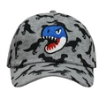Close-up of blue dinosaur embroidery and dinosaur prints on grey cotton kids baseball cap - Gray