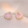 Pink heart-shaped stud earrings in gold-tone setting with sparkling halo on silk - Pink Heart Zirconia Style (E0777)