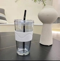 Aesthetic aurora glass straw cup with white silicone sleeve and black lid in sleek style - Aqua Blue + White Lid + Black Glass Straw + White Silicone Sleeve