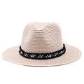 Detail of light beige straw fedora with checkered ribbon and silver metal studs - Pink