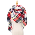 Women's plaid triangle scarf shawl with red and blue Scottish tartan pattern and tassels - White and Red Plaid
