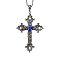 Macro view of silver gothic cross necklace with blue gemstone and floral relief - Silver Carved Cross - Blue Gemstone(AQ-4335)