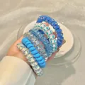 Blue spiral phone cord hair ties set with star and floral patterns on 6-piece pack - 1# Milky Blue Patterns (6pcs Bag)