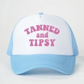 Detailed front view of mesh baseball cap with Tanned and Tipsy pink printed letters - One Size / Sky Blue