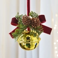 Christmas gold bell with red velvet bow, natural pine cones and star cutouts - Gold Bell 6.5cm