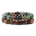 Mens natural tiger eye square stone and green bead multilayer bracelet set - African Turquoise Set