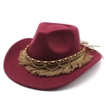 Vintage burgundy felt jazz fedora with bohemian fringe and gold chain detail - M (56-58cm) / Burgundy