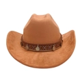 Classic camel suede western cowboy hat with vintage ethnic coin band and embroidery - Khaki