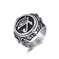 Vintage-Ring aus Edelstahl mit Horusauge-Motiv und seitlichen Federschnitzereien - Größe 9 / Stahlfarbe
