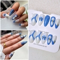 Detail of semi-handmade almond press-on nails with blue floral patterns and gold beads - Wy-029 / 10 Pieces In Xs Size