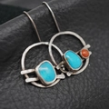 Vintage bohemian turquoise earrings with red coral stone in oxidized silver style - Bohemian Asymmetric Style / Antique Silver