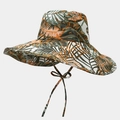Détail d'un chapeau de soleil à imprimé tropical avec large bord et cordon assorti - Blanc Vert Orange Feuille Tropicale (Couleur 7#)