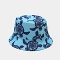 Detail of light blue bucket hat with dark blue sea turtle and mandala flower patterns - Light Blue Mandala Turtle