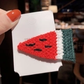 Cute handmade wool knit watermelon slice hair clip for women with vibrant red and green colors - J-15-Watermelon Style