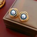 Macro shot of vintage round pearl earrings with rhinestone halo and blue enamel inlay - 31# Silver Earring Post - Gold - Grey - Real Gold Plated