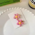 Sweet pink and yellow flower hair clips set on a white display card for women - Small Pink Flower Clip Style (1050C)