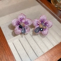 Close-up of purple fabric flower earrings with crystal beads and intricate embroidery detail - Flower Style (11#) / 925 Silver Needle / Purple