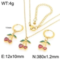 Parure de bijoux cerise dorée avec gemmes cœurs rouges et émail vert sur blanc - Style Cerise Gemme Rouge Doré (KS226897-GC)