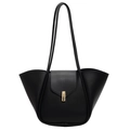 Bolso tote retro negro de cuero sintético con perfil curvo único y hebilla dorada - Negro