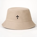 Cappello a secchiello beige in cotone con ricamo a croce nera per il sole all'aperto - Taglia unica / Cachi
