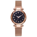 Rose gold quartz watch with blue starry sky dial and magnetic Milanese mesh band - Rose Gold