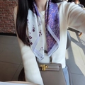 Elegant purple and white silk scarf with floral paisley prints styled on a white sweater - Purple Leaf And Flower Handkerchief / 65