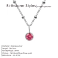 Silver stainless steel necklace with pink July birthstone pendant - July Rose (Rose Red Rhinestone) / Silver
