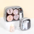 Two-piece silver PU leather cosmetic bags with transparent windows and metal hardware - Silver 2-Piece Set