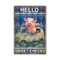 Vintage metal garden sign featuring a pink pig driving a retro van with Hello Sweet Cheeks - 11740(23)