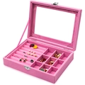 Pink velvet jewelry display box with clear glass lid and multi-slot ring storage design - Pink Ring Jewelry Box