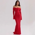 Elegant red lace off-shoulder maxi dress with flare sleeves and high-waist trailing hem - S / Red with Lining