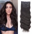 Extension di capelli sintetici neri ondulati set da 4 pezzi con clip per uso quotidiano - Mosso Lungo / Nero Naturale (4322S-4#)