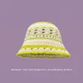 Handmade knit floral bucket hat in beige and neon green stripes with hollow-out pattern - M (56-58cm) / Contrast Knit Yellow Beige