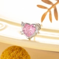 Delicate silver heart stud earring with pink zircon and clear side stones - Pink (Single Piece)