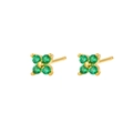 Detailed close-up of golden petal stud earrings featuring four round green zirconia stones - Gold Green Stone Flower Studs