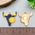 Bull head charms with black daisy oil drip finish and golden textured back with ruler - Black Bull Skull with Flower (21138)