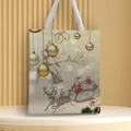 Detail of Christmas canvas tote bag featuring Santa Claus and reindeer print on wooden stand - Style 26