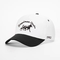 Close-up of Siegelman Stable horse logo embroidery on black and white baseball cap - Adjustable / White and Black Splicing